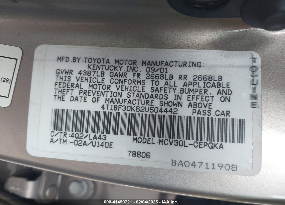 2002 TOYOTA CAMRY XLE V6 VIN: 4T1BF30K62U504442