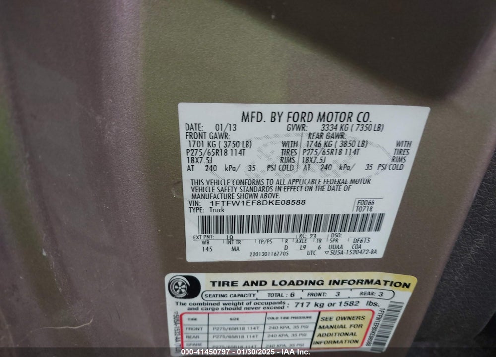 2013 FORD F-150 XLT VIN: 1FTFW1EF8DKE08588