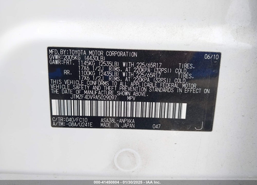 2010 TOYOTA RAV4 VIN: JTMZF4DV9A5029097