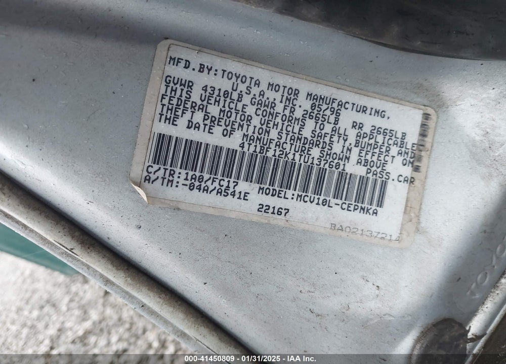 1996 TOYOTA CAMRY LE/XLE/SE VIN: 4T1BF12K1TU137601