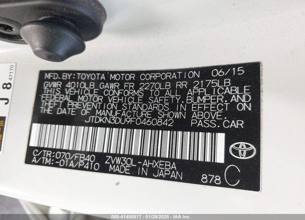 2015 TOYOTA PRIUS TWO VIN: JTDKN3DU9F0460842