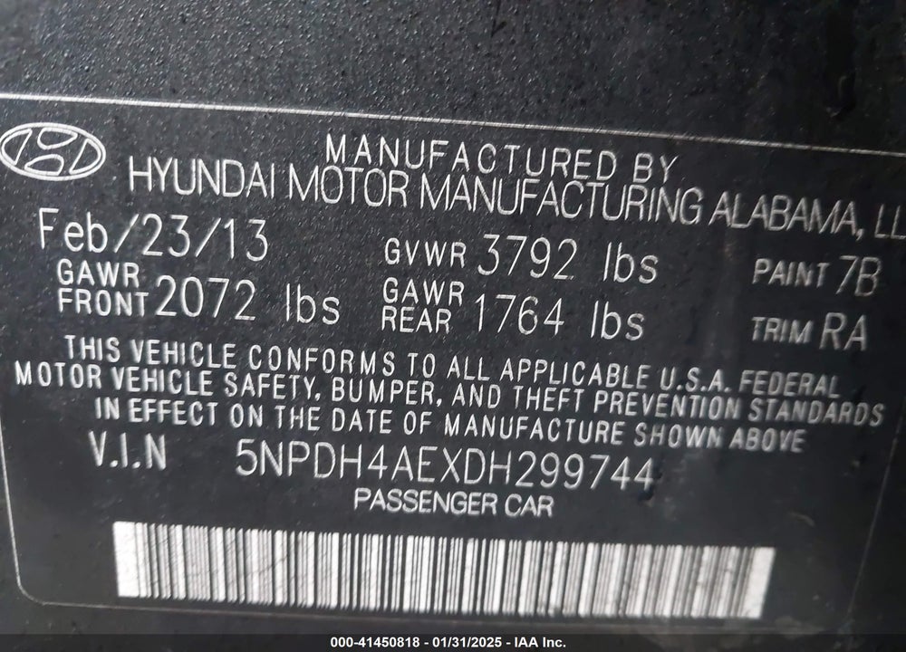 2013 HYUNDAI ELANTRA LIMITED VIN: 5NPDH4AEXDH299744