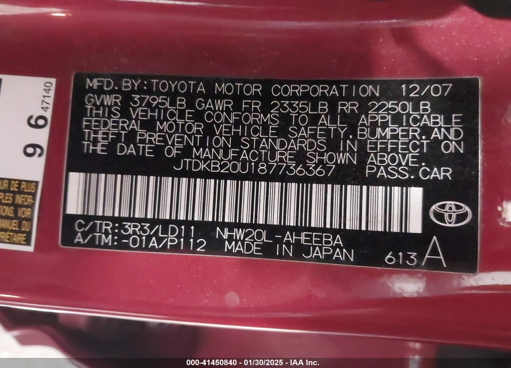 2008 TOYOTA PRIUS TOURING VIN: JTDKB20U187736367