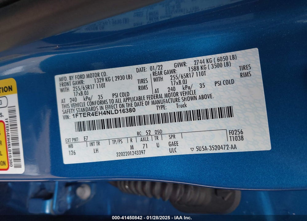 2022 FORD RANGER VIN: 1FTER4EH4NLD16380