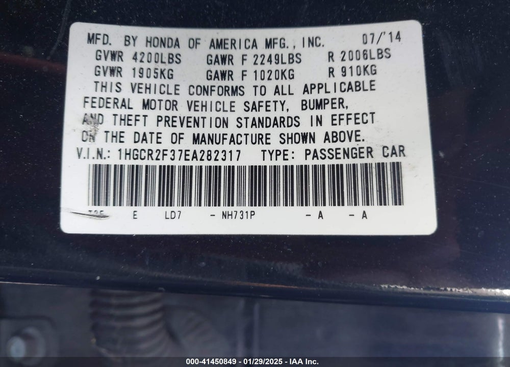 2014 HONDA ACCORD VIN: 1HGCR2F37EA282317