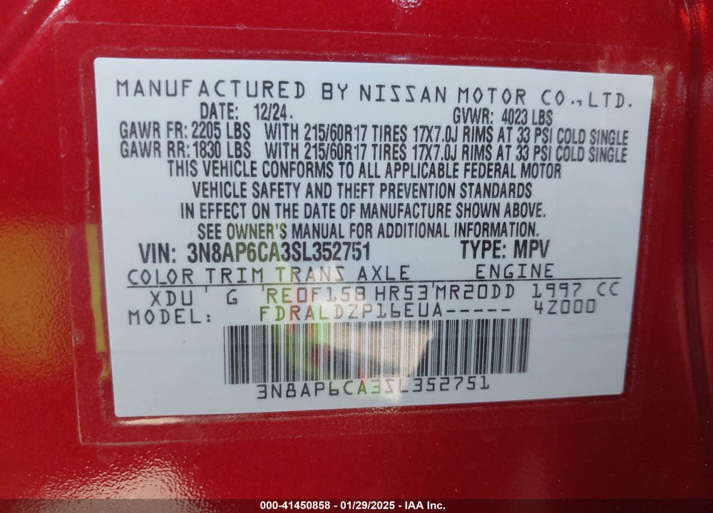 2025 NISSAN KICKS SV FWD VIN: 3N8AP6CA3SL352751