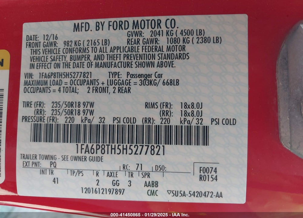 2017 FORD MUSTANG VIN: 1FA6P8TH5H5277821