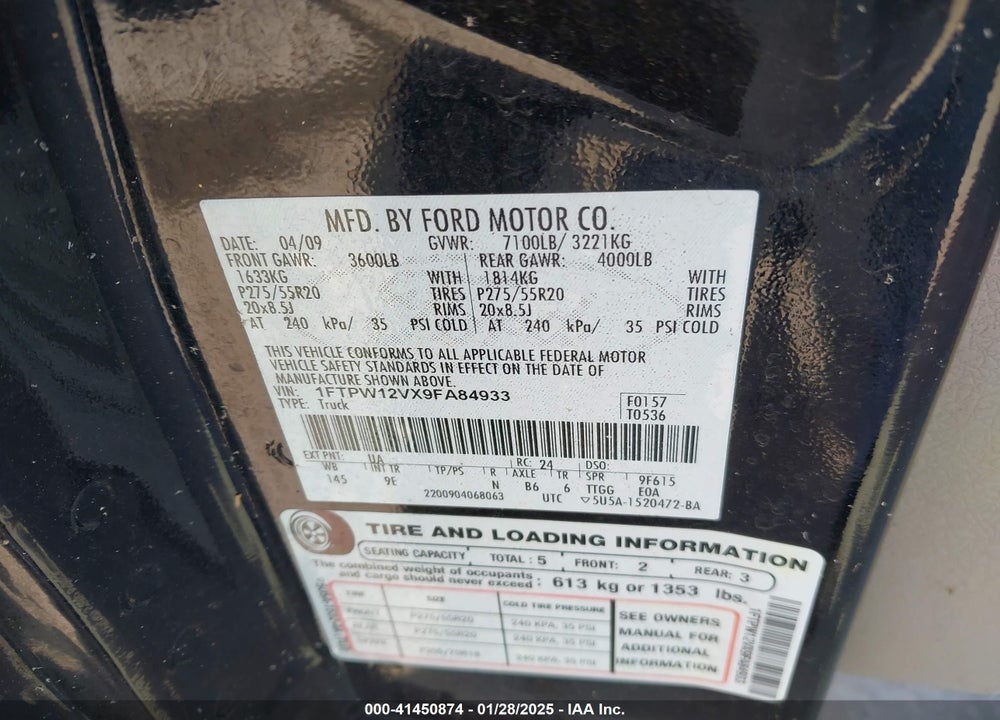 2009 FORD F-150 KING RANCH/LARIAT/PLATINUM/XL/XLT VIN: 1FTPW12VX9FA84933