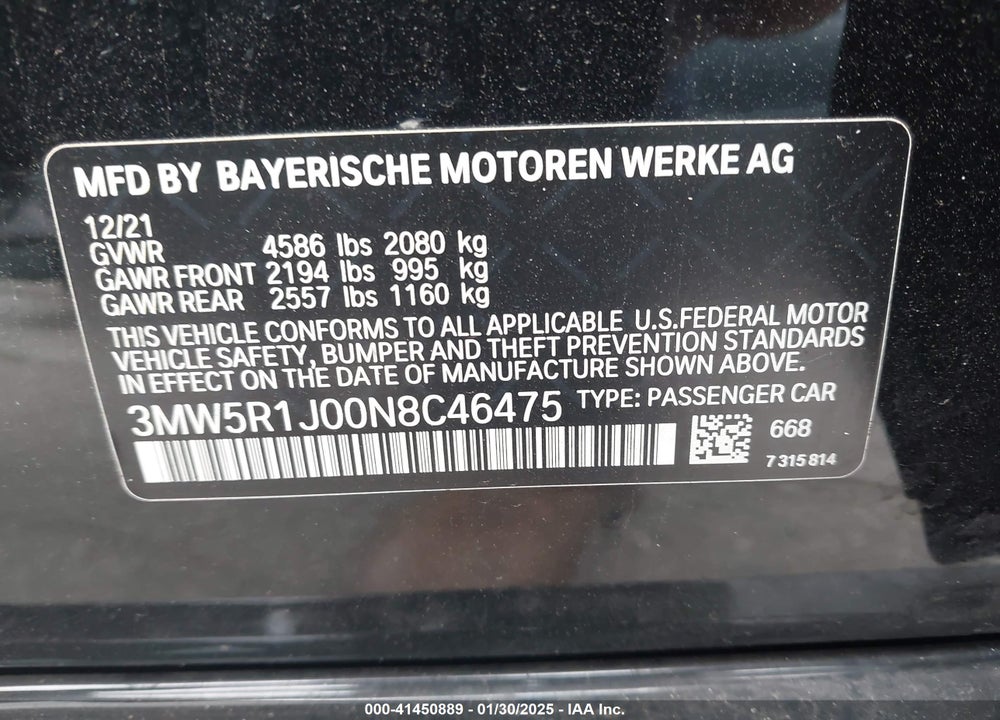 2022 BMW 330I VIN: 3MW5R1J00N8C46475