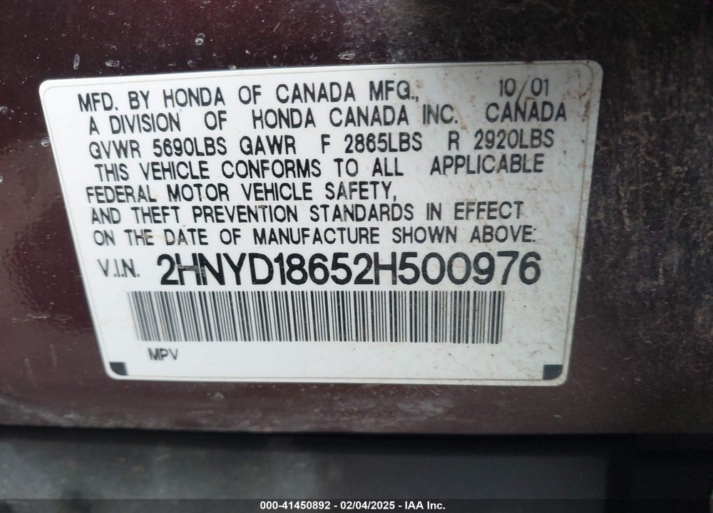 2002 ACURA MDX VIN: 2HNYD18652H500976