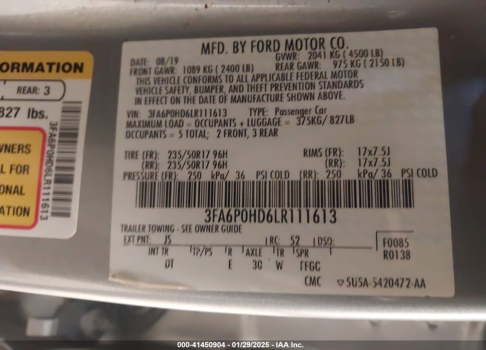 2020 FORD FUSION VIN: 3FA6P0HD6LR111613