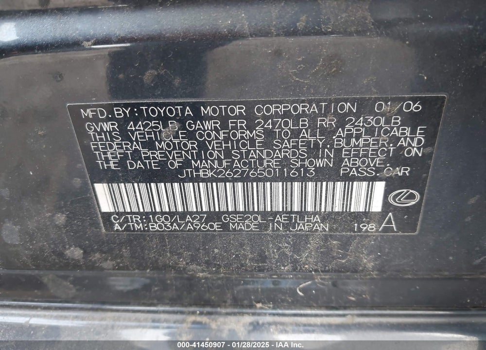 2006 LEXUS IS VIN: JTHBK262765011613