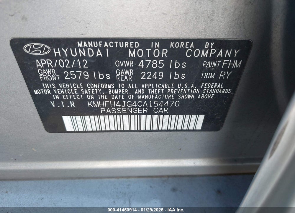 2012 HYUNDAI AZERA VIN: KMHFH4JG4CA154470