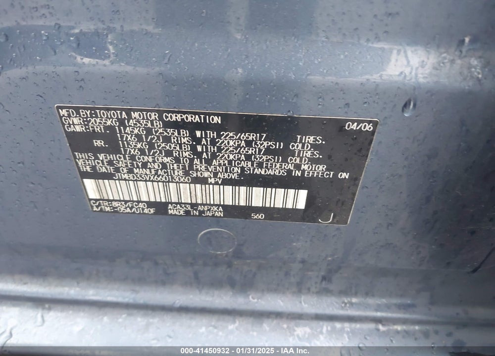 2006 TOYOTA RAV4 VIN: JTMBD33VX66013060