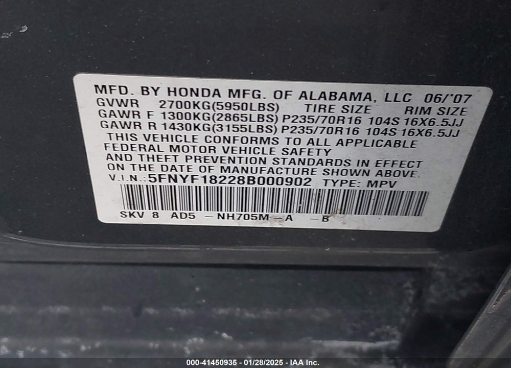 2008 HONDA PILOT VP VIN: 5FNYF18228B000902