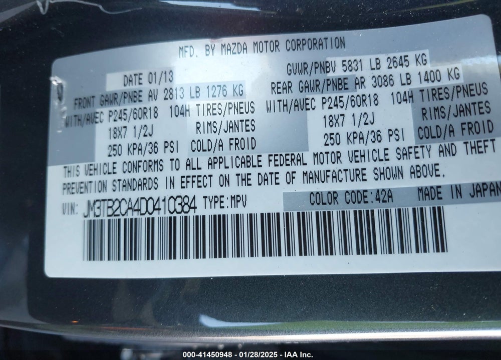 2013 MAZDA CX-9 TOURING VIN: JM3TB2CA4D0410384
