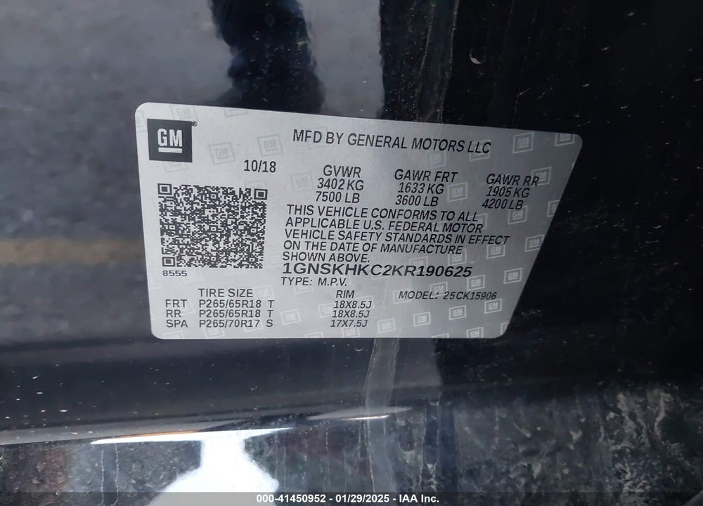 2019 CHEVROLET SUBURBAN LT VIN: 1GNSKHKC2KR190625
