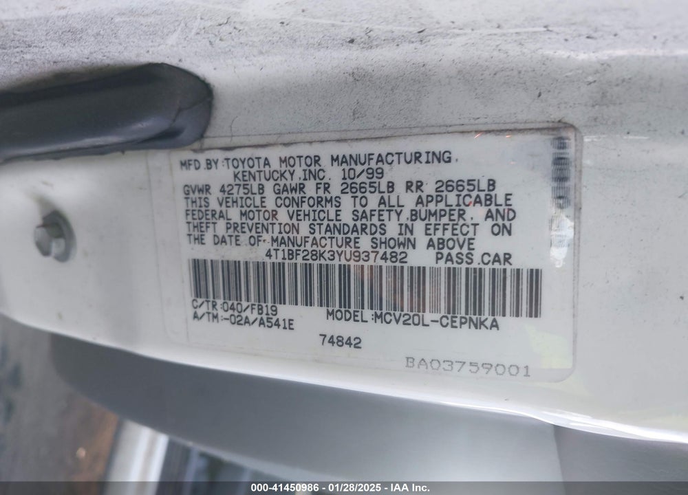 2000 TOYOTA CAMRY LE V6 VIN: 4T1BF28K3YU937482