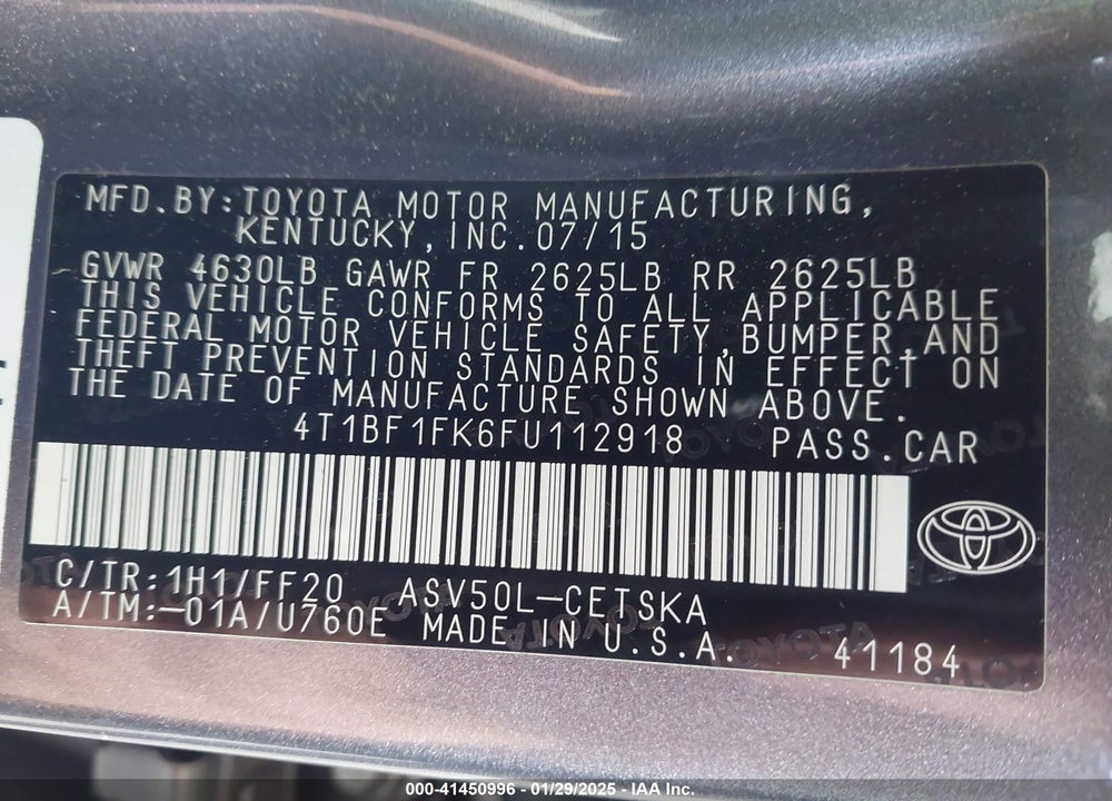 2015 TOYOTA CAMRY VIN: 4T1BF1FK6FU112918