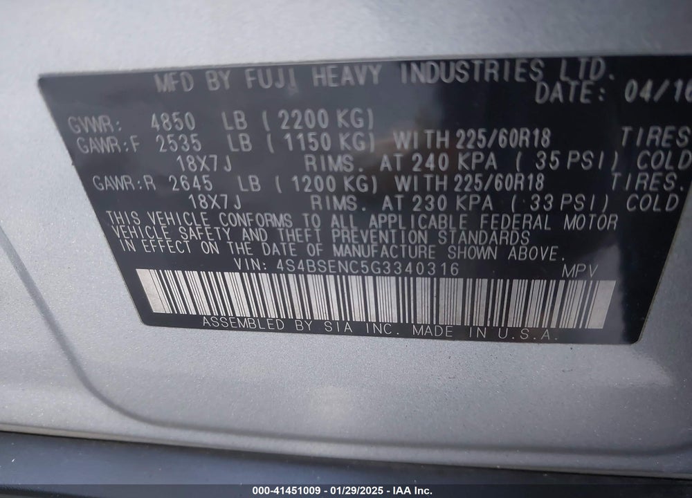 2016 SUBARU OUTBACK VIN: 4S4BSENC5G3340316