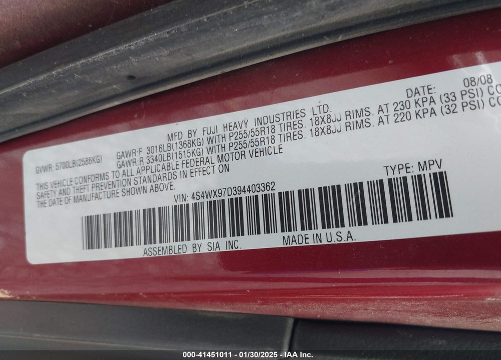 2009 SUBARU TRIBECA LIMITED 7-PASSENGER/SPECIAL EDITION 7-PASSENGER VIN: 4S4WX97D394403362