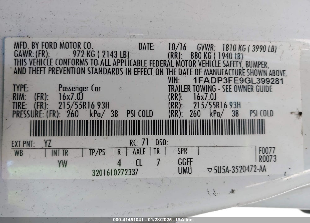 2016 FORD FOCUS VIN: 1FADP3FE9GL399281