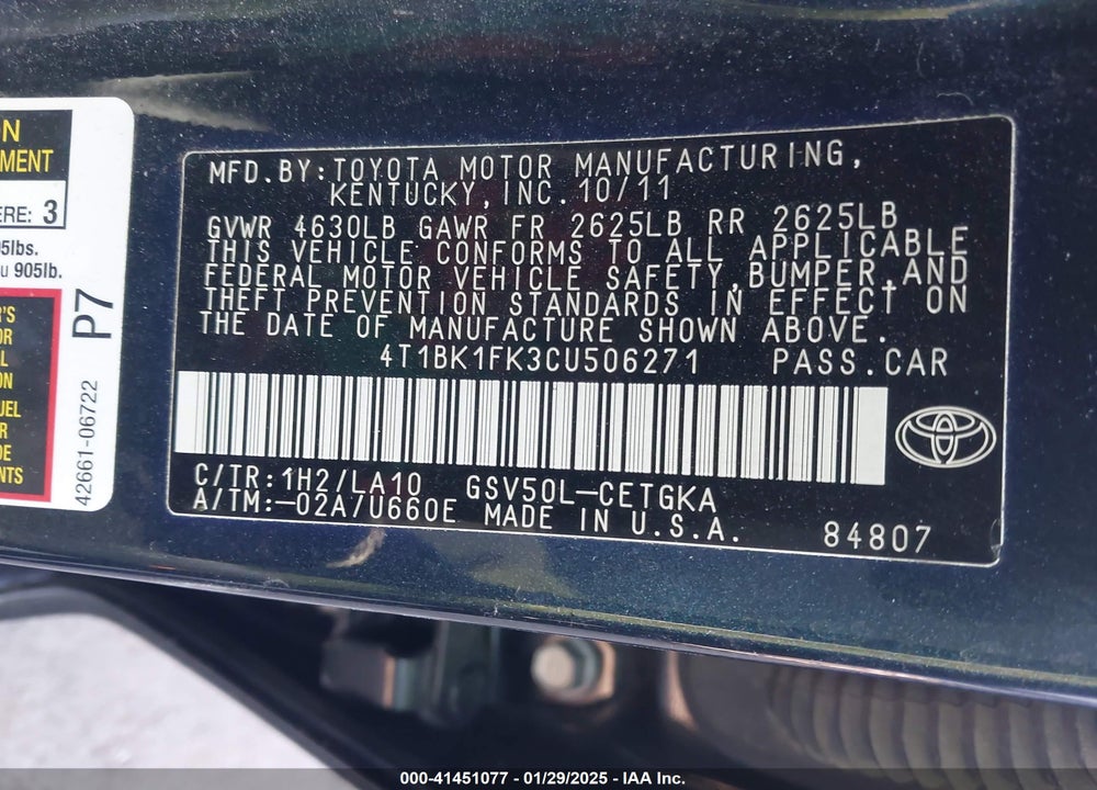 2012 TOYOTA CAMRY VIN: 4T1BK1FK3CU506271