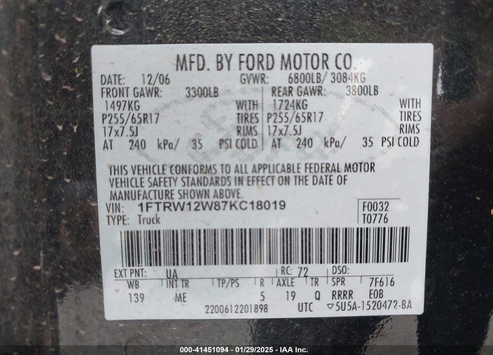 2007 FORD F150 VIN: 1FTRW12W87KC18019