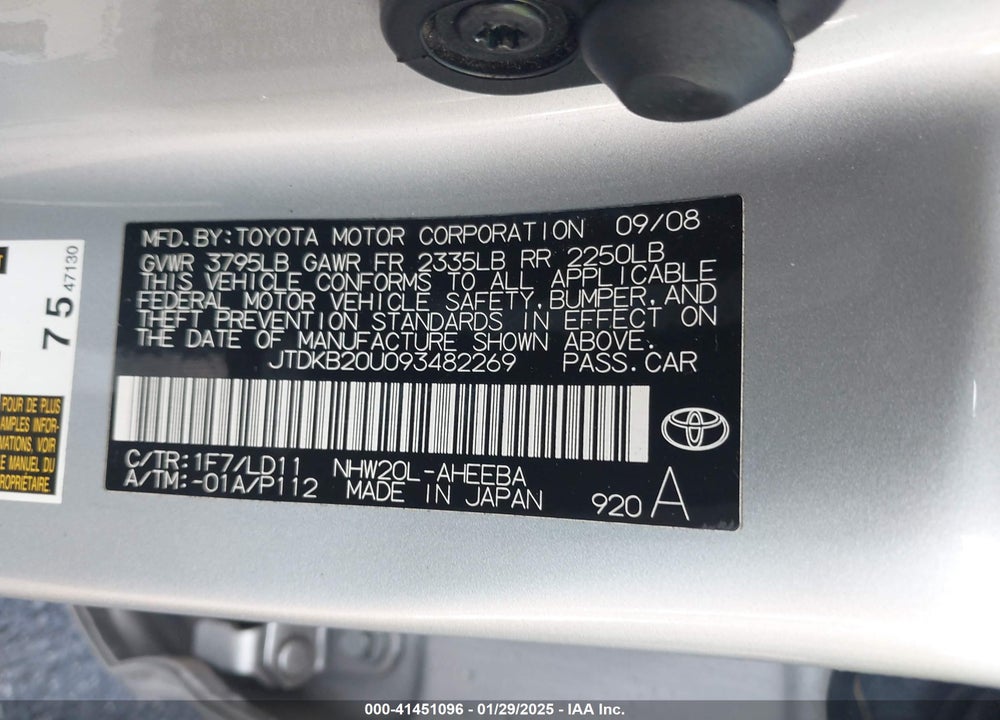 2009 TOYOTA PRIUS VIN: JTDKB20U093482269