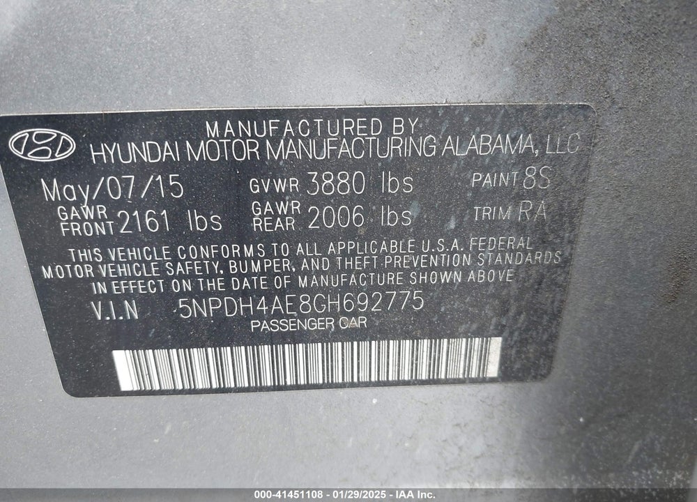 2016 HYUNDAI ELANTRA SE VIN: 5NPDH4AE8GH692775
