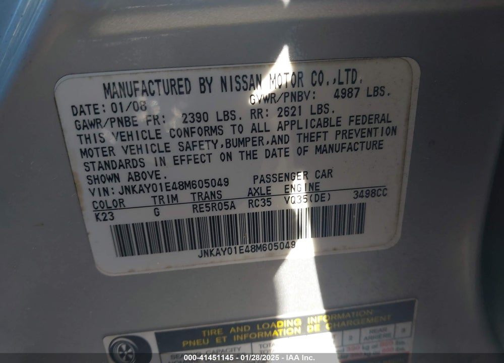 2008 INFINITI M35 VIN: JNKAY01E48M605049