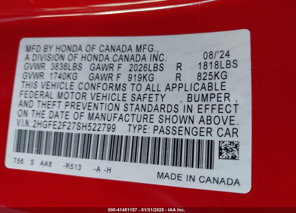 2025 HONDA CIVIC LX VIN: 2HGFE2F27SH522799