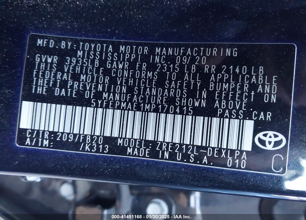 2021 TOYOTA COROLLA VIN: 5YFEPMAE1MP170415
