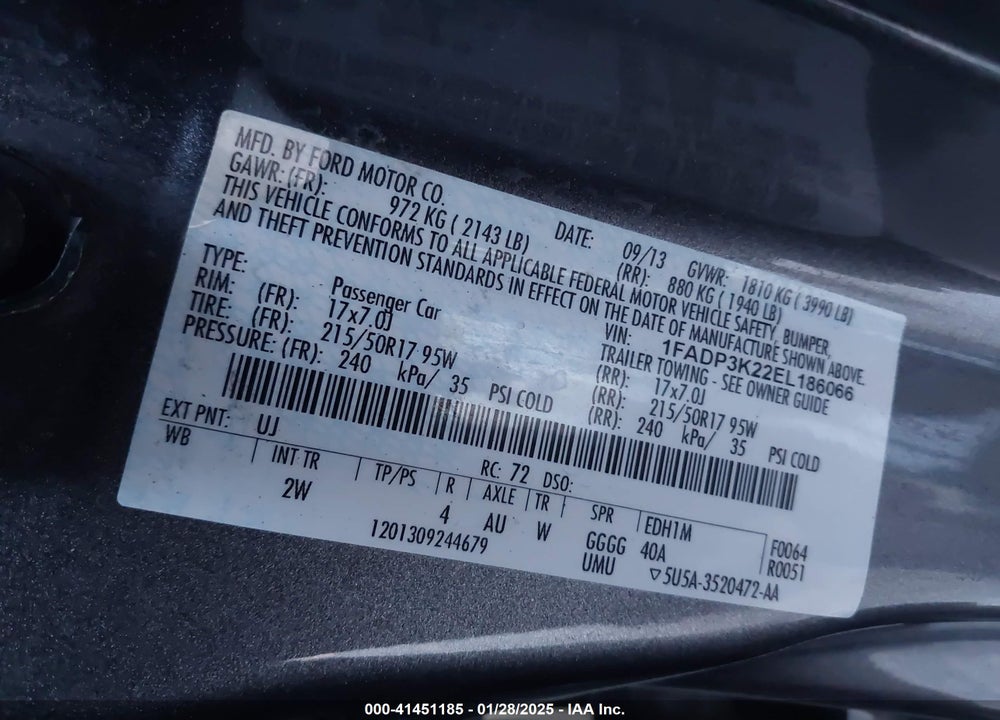 2014 FORD FOCUS VIN: 1FADP3K22EL186066