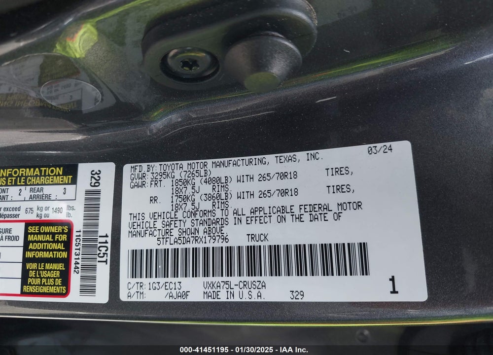 2024 TOYOTA TUNDRA VIN: 5TFLA5DA7RX179796