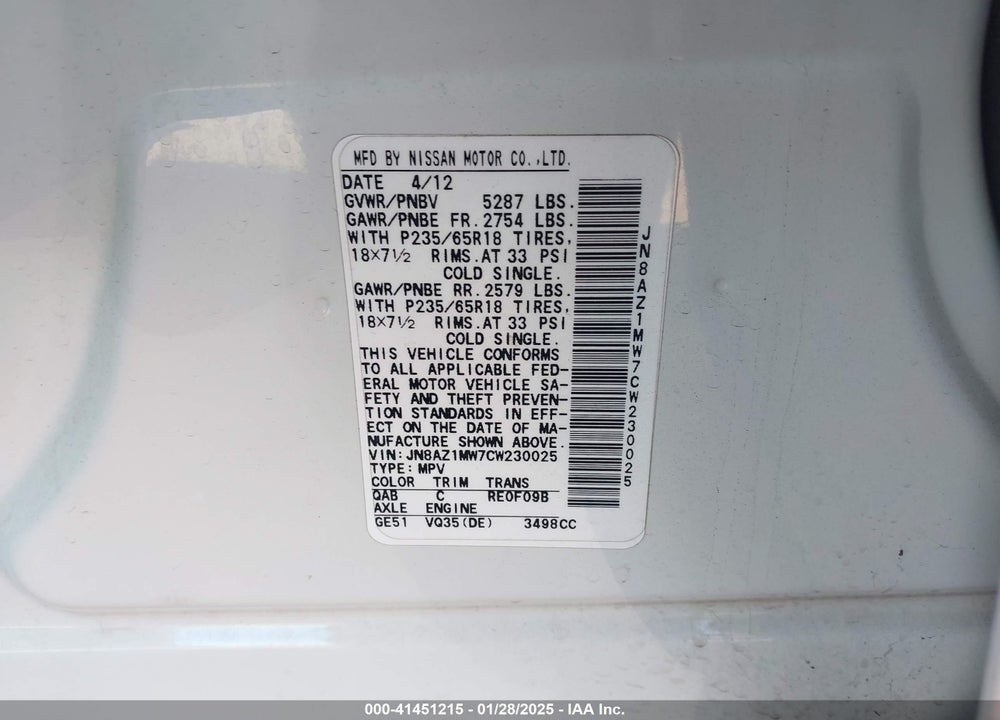 2012 NISSAN MURANO S VIN: JN8AZ1MW7CW230025