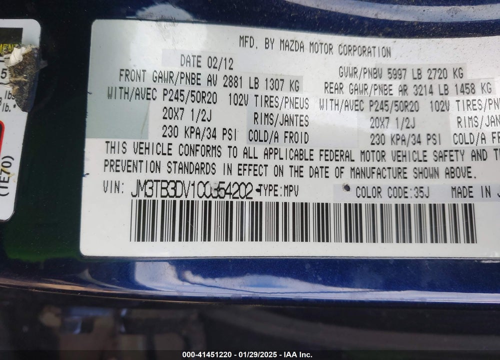 2012 MAZDA CX-9 GRAND TOURING VIN: JM3TB3DV1C0354202