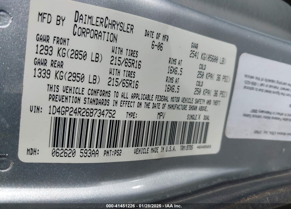 2006 DODGE GRAND CARAVAN SE VIN: 1D4GP24R26B734752