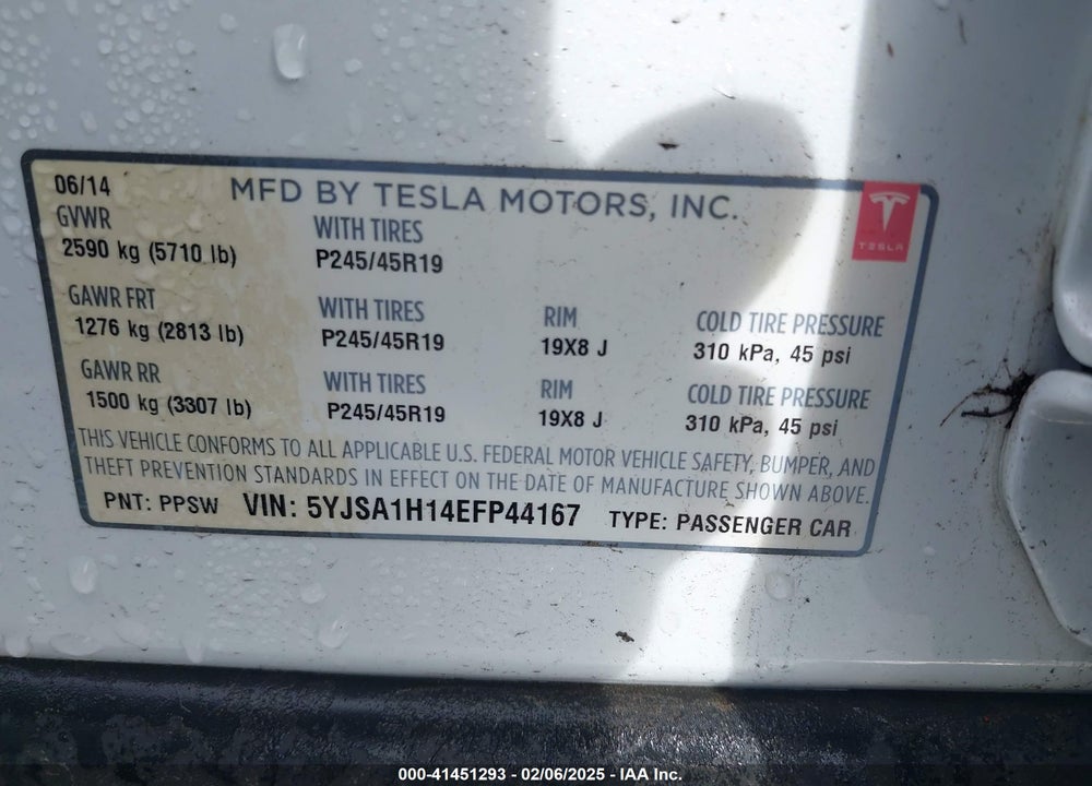 2014 TESLA MODEL S VIN: 5YJSA1H14EFP44167