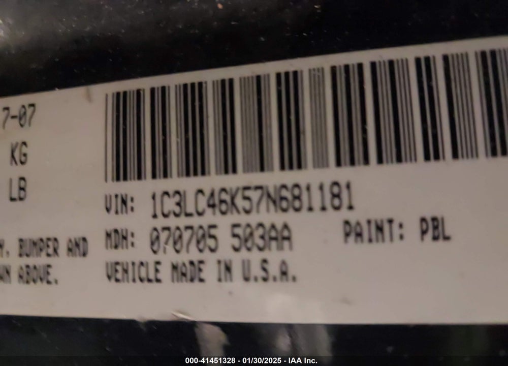 2007 CHRYSLER SEBRING VIN: 1C3LC46K57N681181
