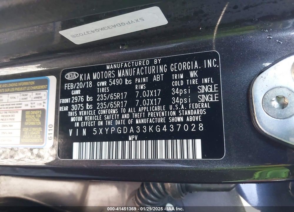 2019 KIA SORENTO 2.4L LX VIN: 5XYPGDA33KG437028