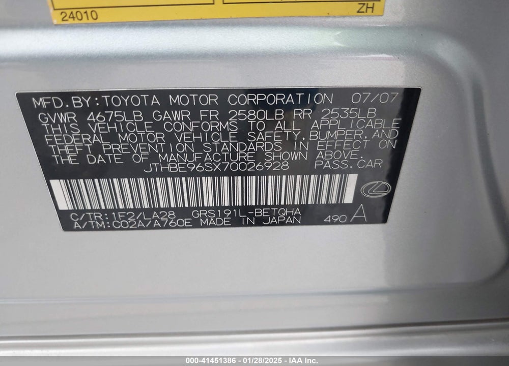 2007 LEXUS GS 350 VIN: JTHBE96SX70026928