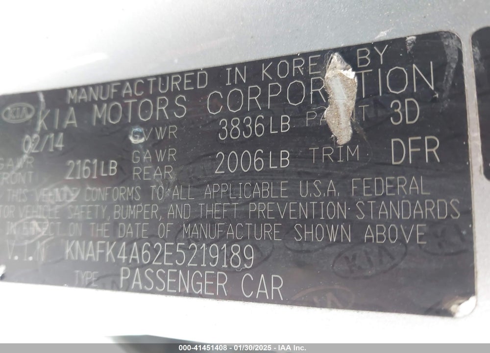 2014 KIA FORTE LX VIN: KNAFK4A62E5219189
