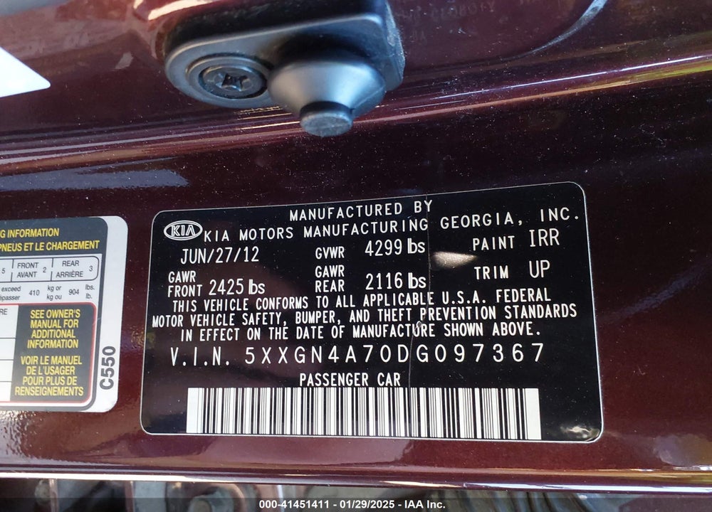 2013 KIA OPTIMA VIN: 5XXGN4A70DG097367