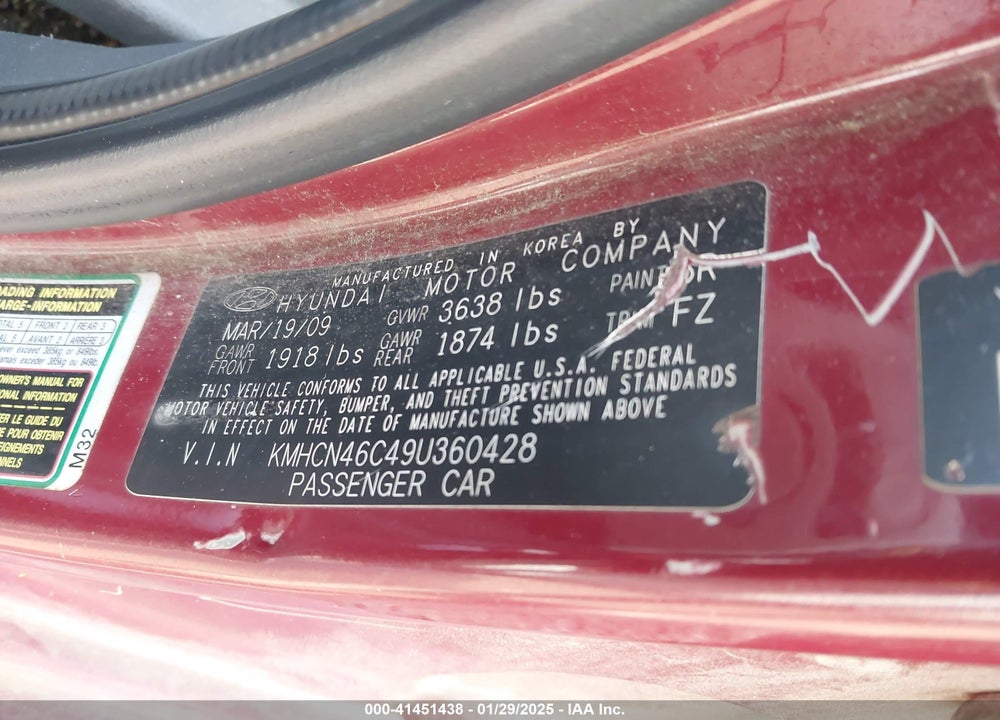 2009 HYUNDAI ACCENT VIN: KMHCN46C49U360428