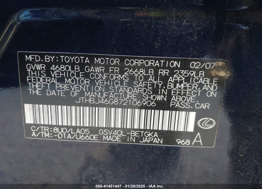 2007 LEXUS ES 350 VIN: JTHBJ46G872106906