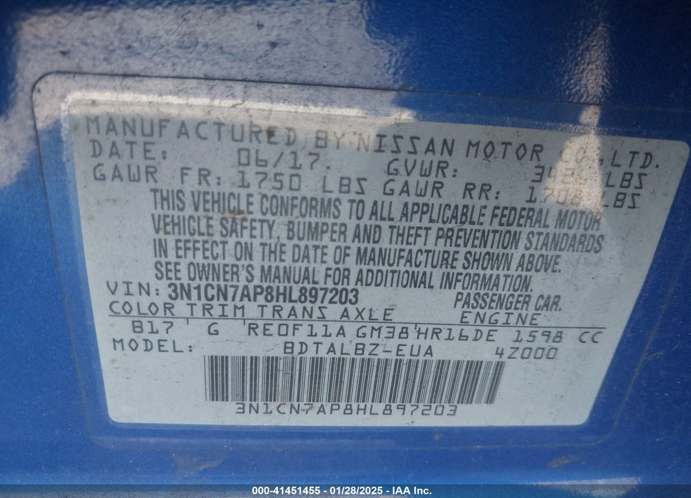 2017 NISSAN VERSA VIN: 3N1CN7AP8HL897203