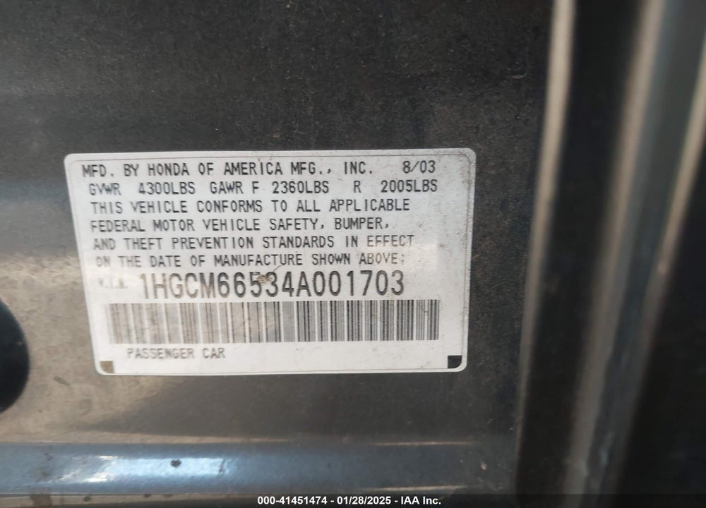 2004 HONDA ACCORD 3.0 EX VIN: 1HGCM66534A001703