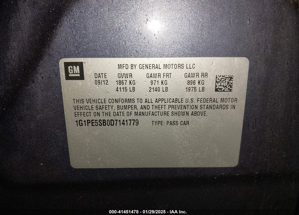 2013 CHEVROLET CRUZE 2LT AUTO VIN: 1G1PE5SB0D7141779