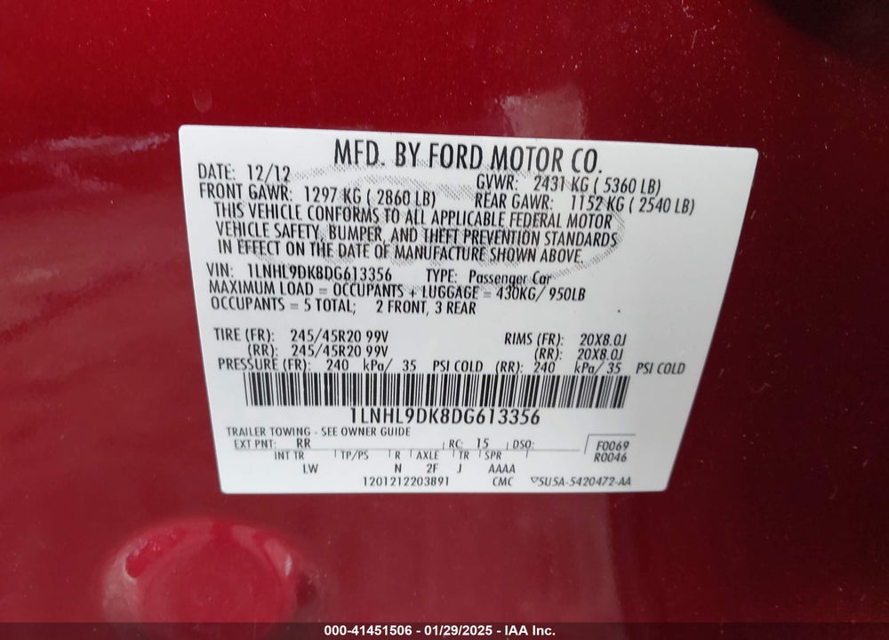 2013 LINCOLN MKS VIN: 1LNHL9DK8DG613356